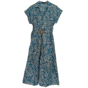 100% Cotton Zara Aqua Blue Paisley Short-Sleeve Button Front Maxi W Belt Medium